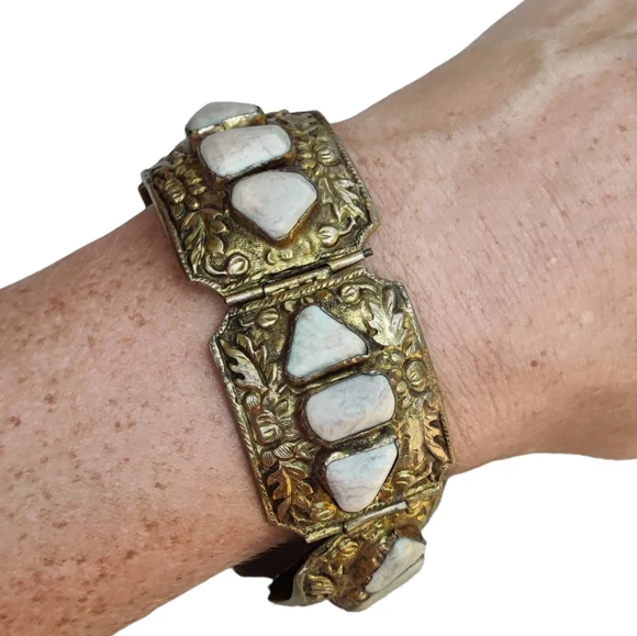 Antique Chinese Export stone panel bracelet with pin closure